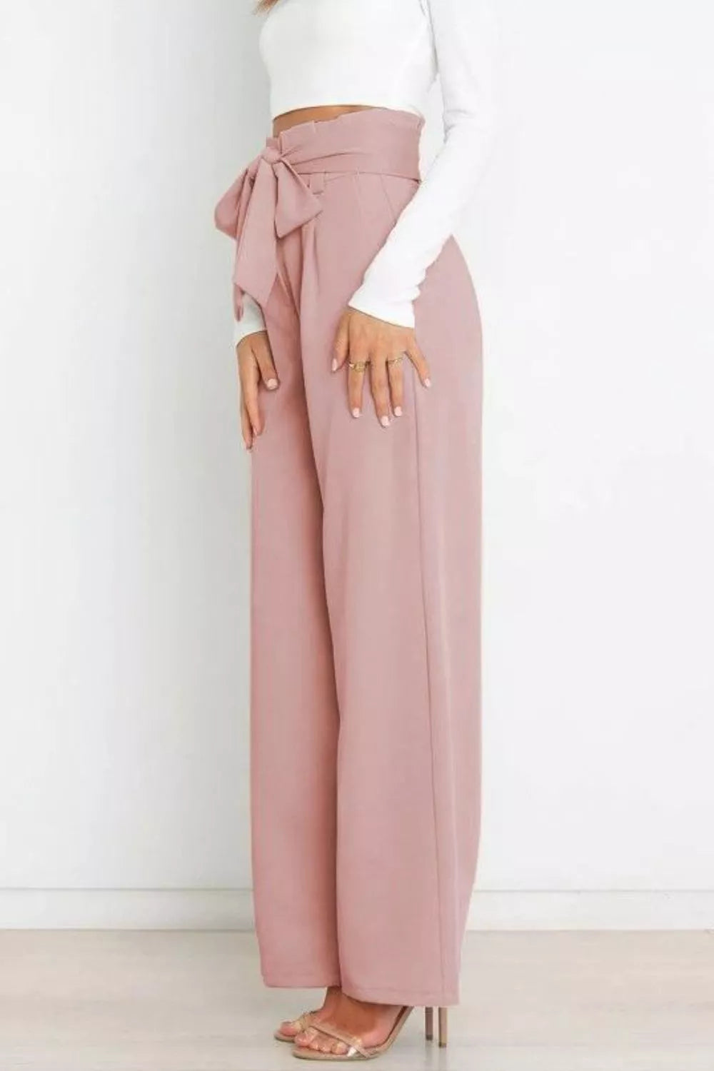 High Waist Tie Front Wide Leg Pants