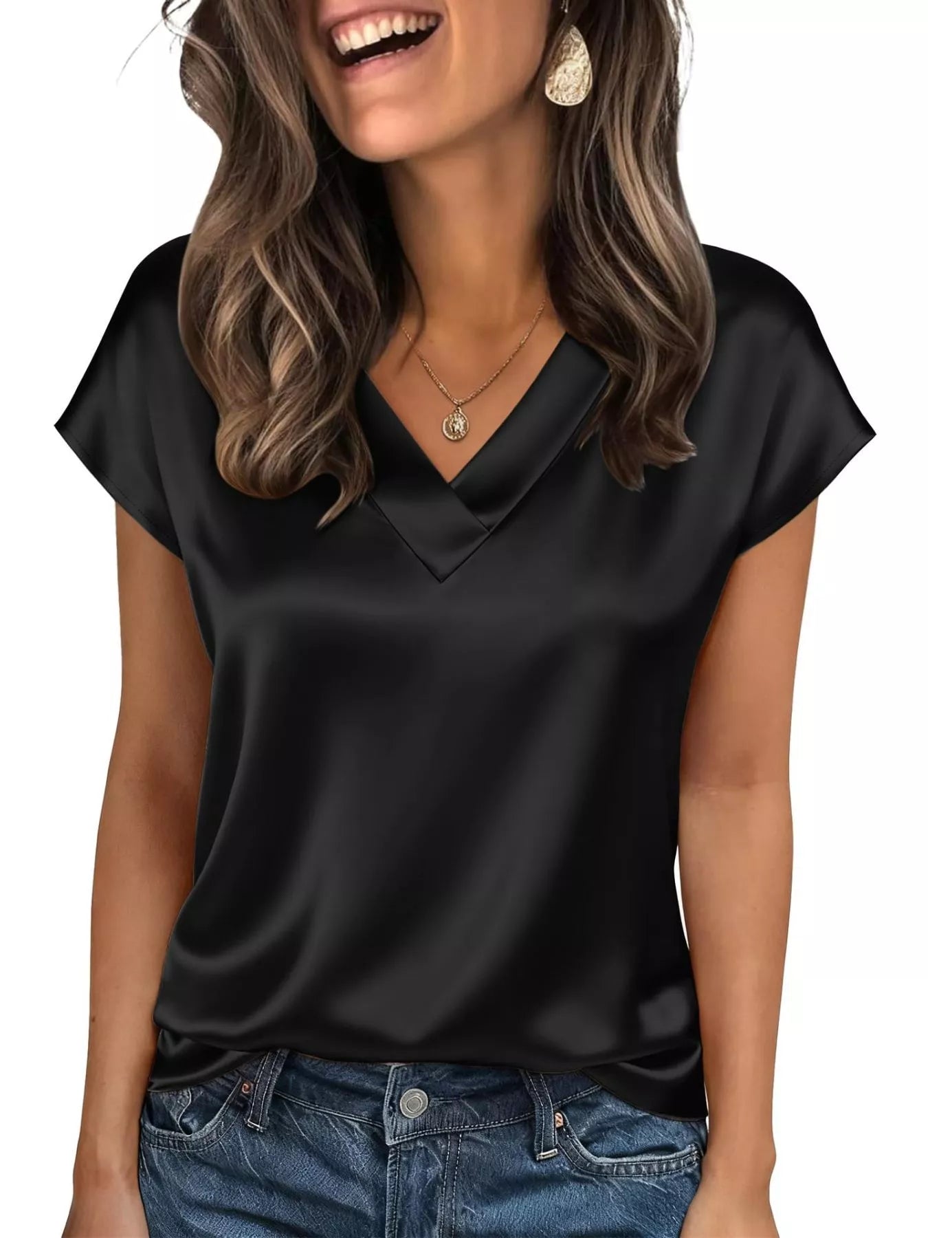 Satin V-Neck Cap Sleeve Blouse