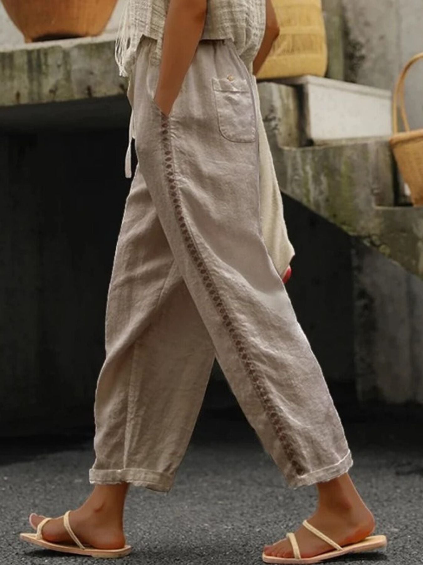 Hollow Out Trim Cropped Pants