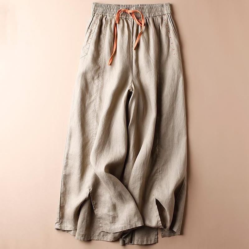 Buddha Stones Casual Slit Hem Women's 7-8 Length Wide Leg Pants With Pockets