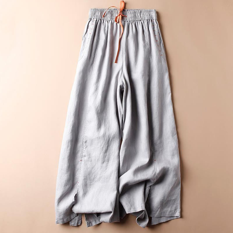 Buddha Stones Casual Slit Hem Women's 7-8 Length Wide Leg Pants With Pockets
