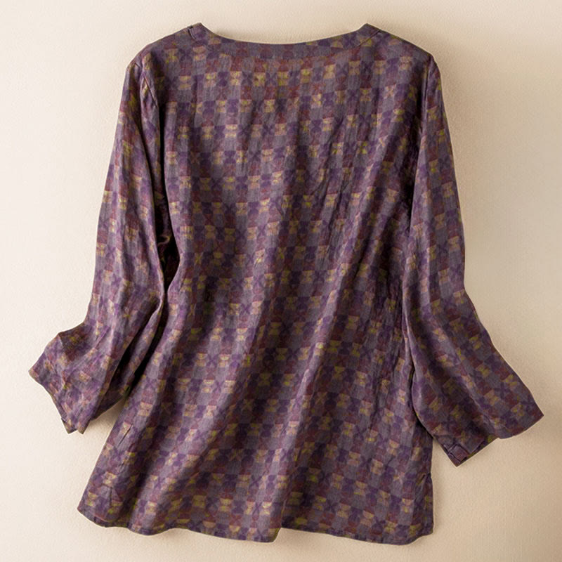 Buddha Stones Spring V-Neck Printed Floral Pattern Women's Long Sleeve Shirt