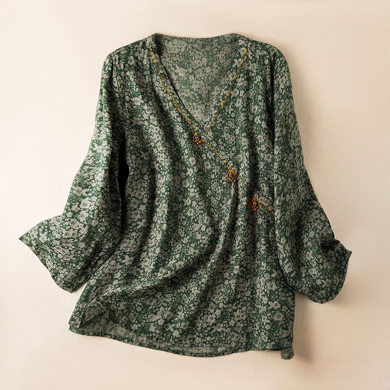 Buddha Stones Spring V-Neck Printed Floral Pattern Women's Long Sleeve Shirt