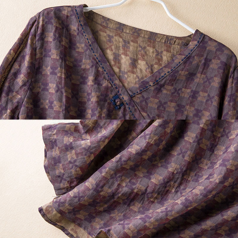 Buddha Stones Spring V-Neck Printed Floral Pattern Women's Long Sleeve Shirt