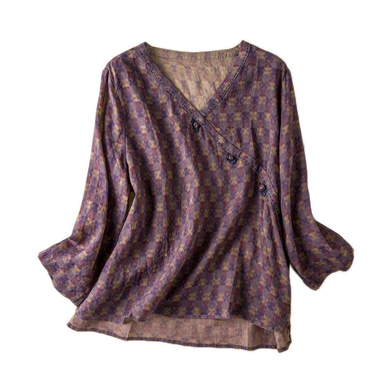 Buddha Stones Spring V-Neck Printed Floral Pattern Women's Long Sleeve Shirt