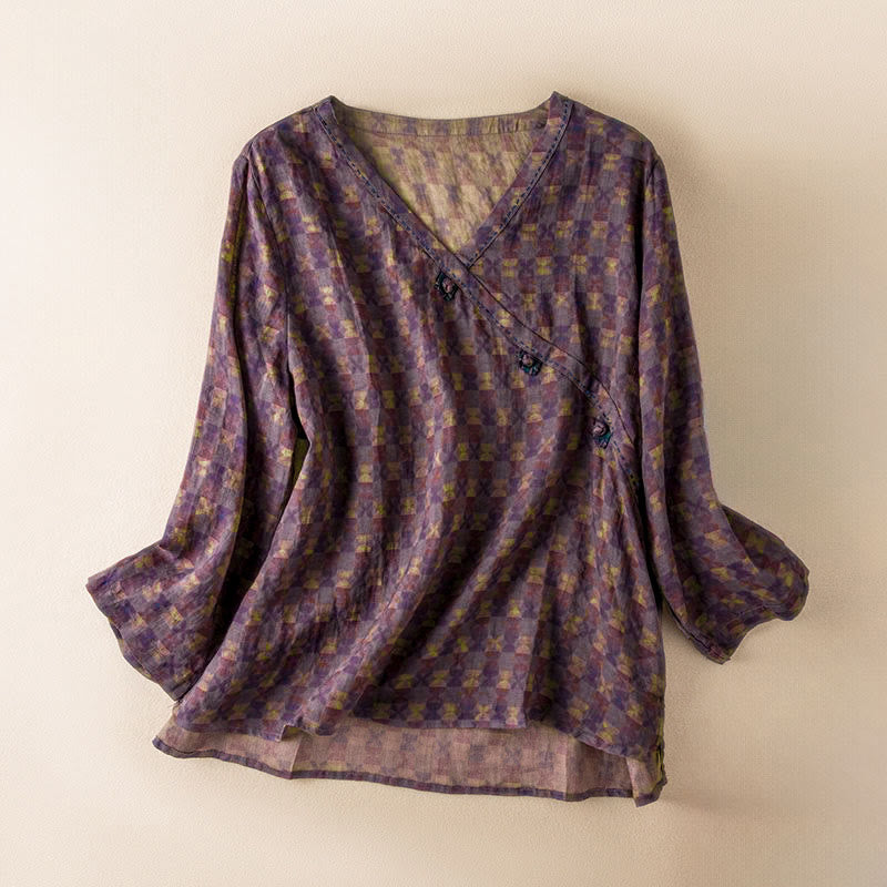 Buddha Stones Spring V-Neck Printed Floral Pattern Women's Long Sleeve Shirt