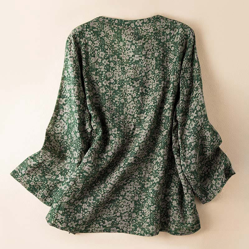 Buddha Stones Spring V-Neck Printed Floral Pattern Women's Long Sleeve Shirt