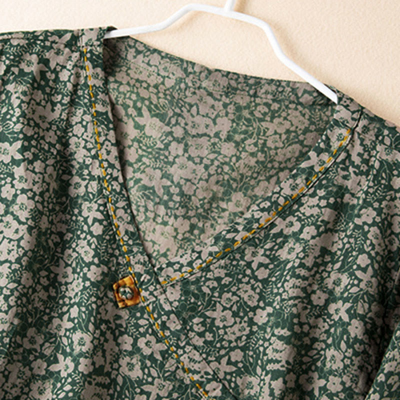 Buddha Stones Spring V-Neck Printed Floral Pattern Women's Long Sleeve Shirt