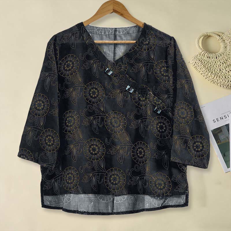 Buddha Stones Spring V-Neck Printed Floral Pattern Women's Long Sleeve Shirt