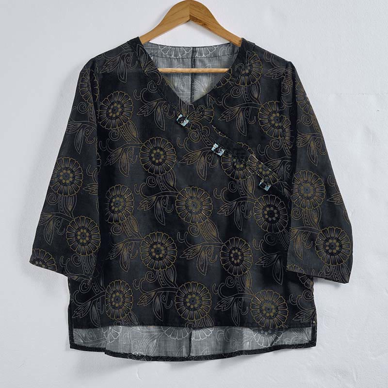 Buddha Stones Spring V-Neck Printed Floral Pattern Women's Long Sleeve Shirt