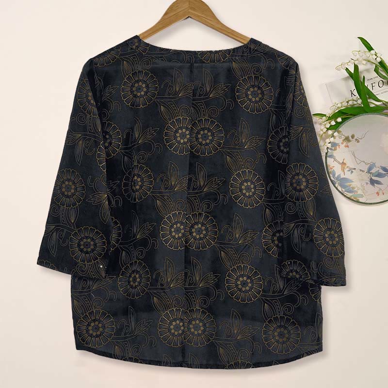 Buddha Stones Spring V-Neck Printed Floral Pattern Women's Long Sleeve Shirt