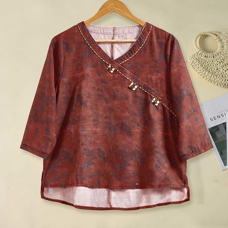 Buddha Stones Spring V-Neck Printed Floral Pattern Women's Long Sleeve Shirt