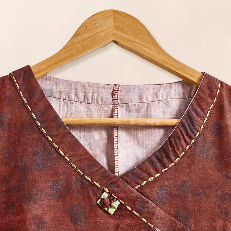 Buddha Stones Spring V-Neck Printed Floral Pattern Women's Long Sleeve Shirt
