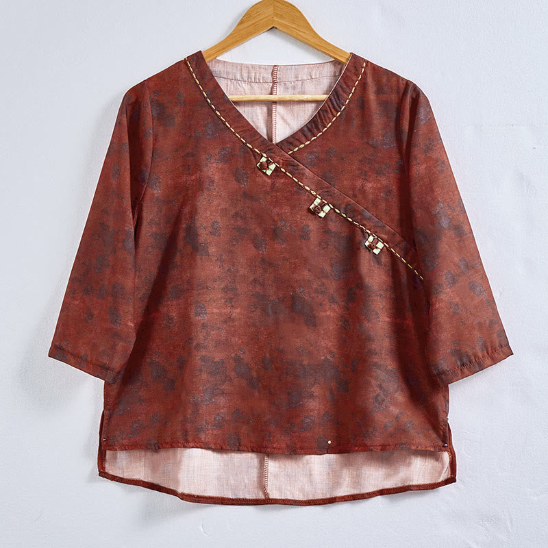 Buddha Stones Spring V-Neck Printed Floral Pattern Women's Long Sleeve Shirt