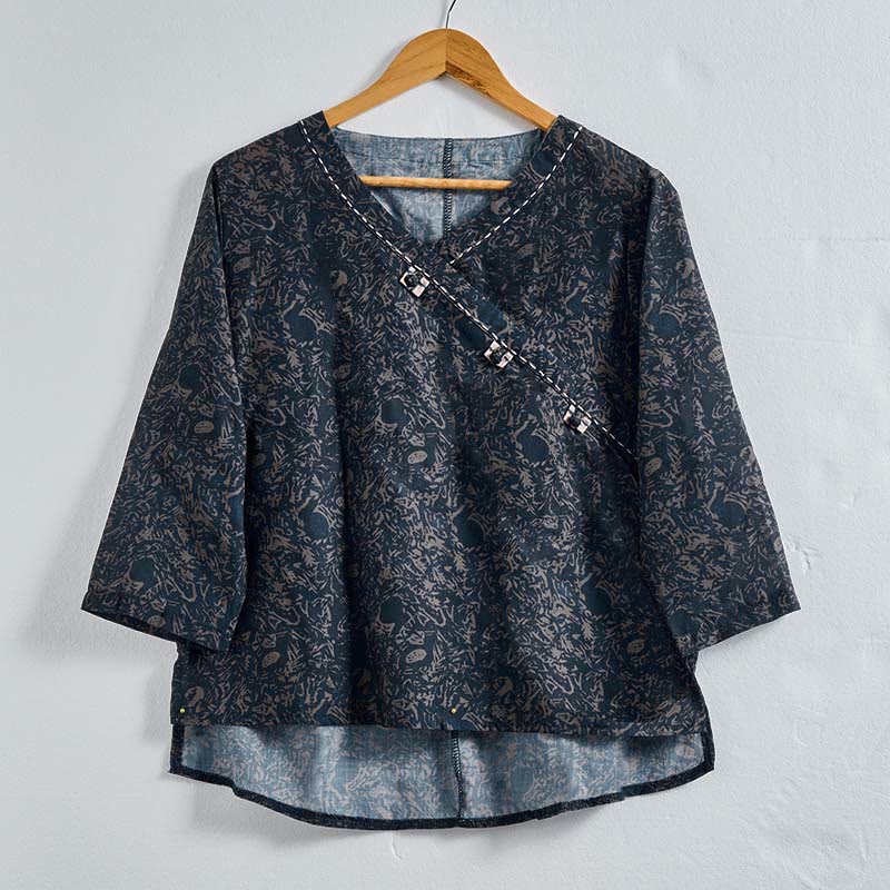 Buddha Stones Spring V-Neck Printed Floral Pattern Women's Long Sleeve Shirt