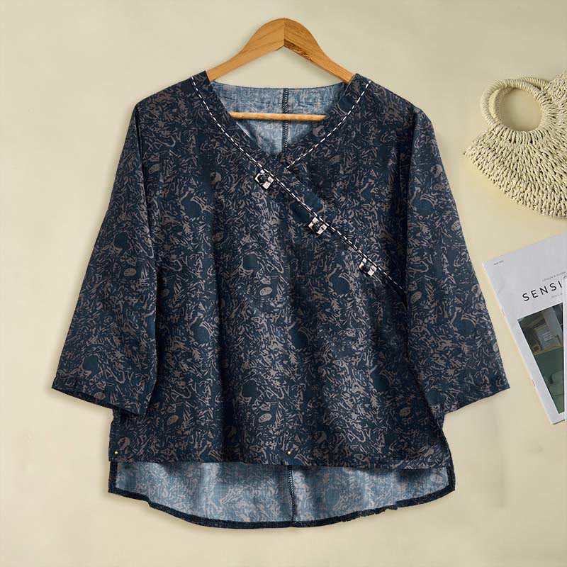 Buddha Stones Spring V-Neck Printed Floral Pattern Women's Long Sleeve Shirt