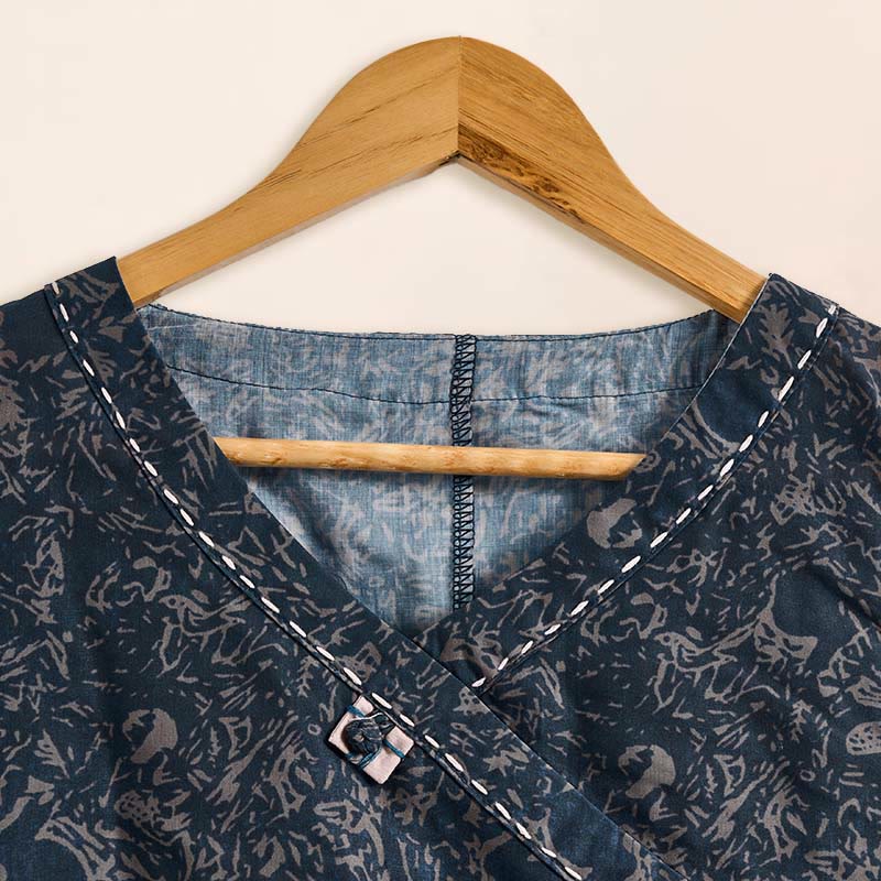 Buddha Stones Spring V-Neck Printed Floral Pattern Women's Long Sleeve Shirt