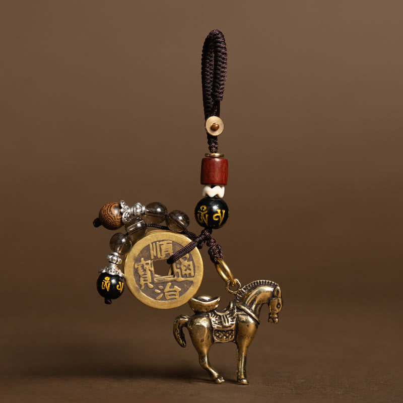 Buddha Stones Year Of The Horse Copper Brass Five-Emperor Coins Om Mani Padme Hum Protection Key Chain