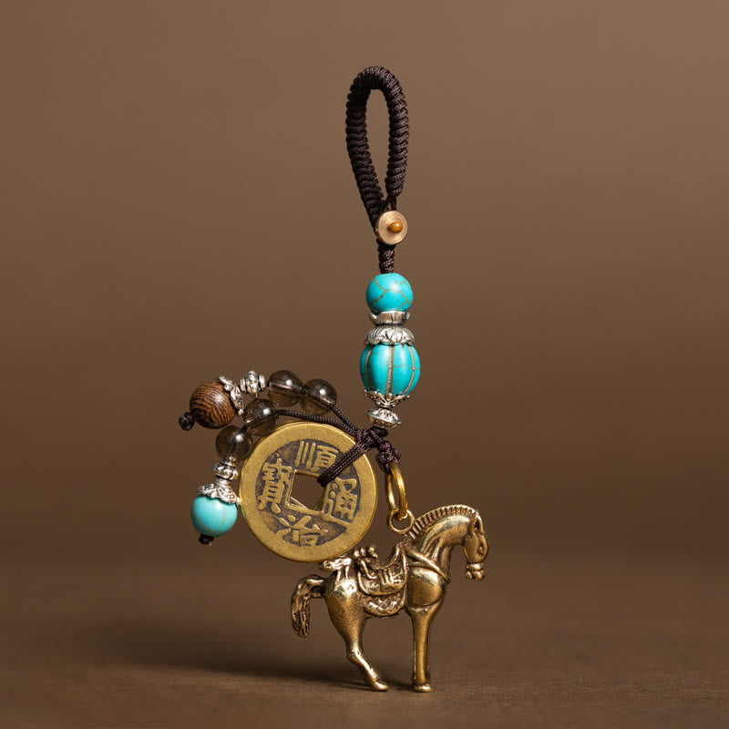 Buddha Stones Year Of The Horse Copper Brass Five-Emperor Coins Om Mani Padme Hum Protection Key Chain