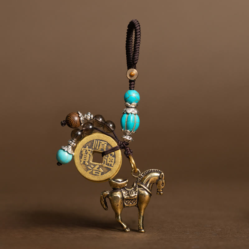 Buddha Stones Year Of The Horse Copper Brass Five-Emperor Coins Om Mani Padme Hum Protection Key Chain