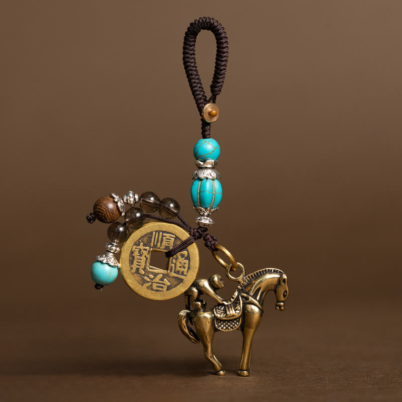 Buddha Stones Year Of The Horse Copper Brass Five-Emperor Coins Om Mani Padme Hum Protection Key Chain