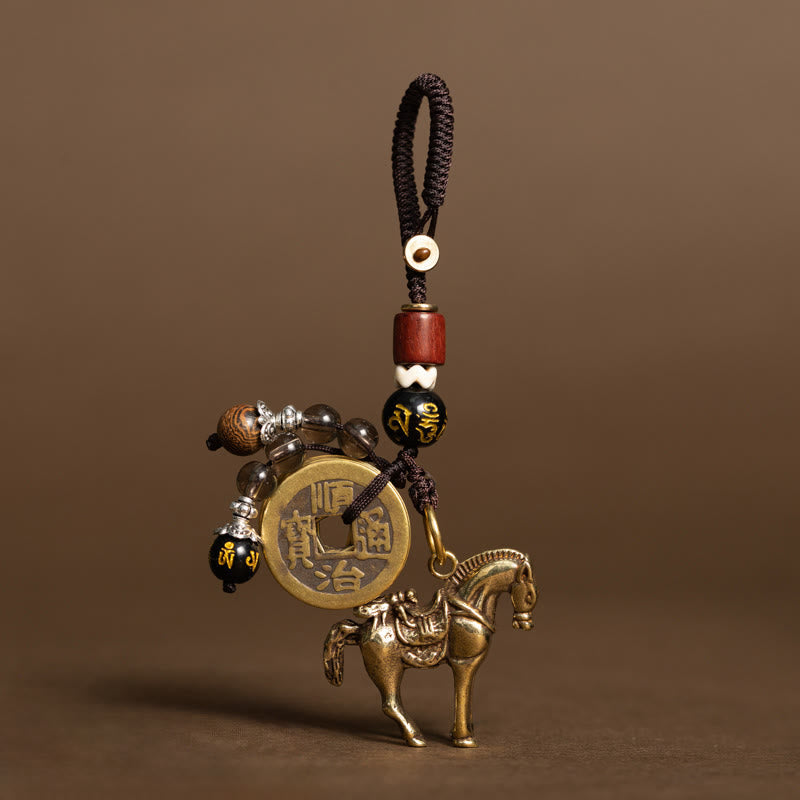 Buddha Stones Year Of The Horse Copper Brass Five-Emperor Coins Om Mani Padme Hum Protection Key Chain