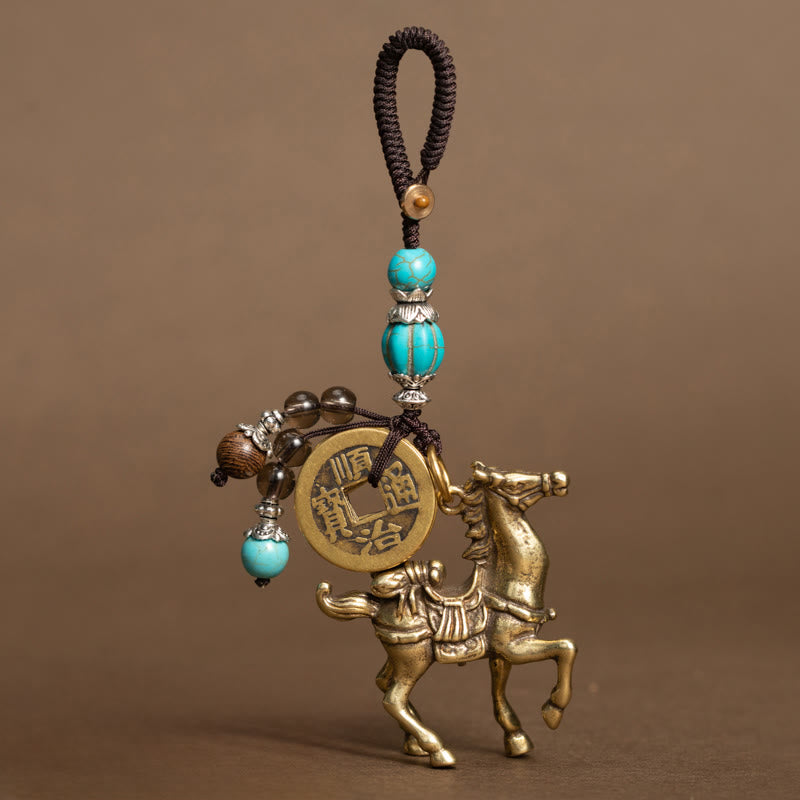 Buddha Stones Year Of The Horse Copper Brass Five-Emperor Coins Om Mani Padme Hum Protection Key Chain