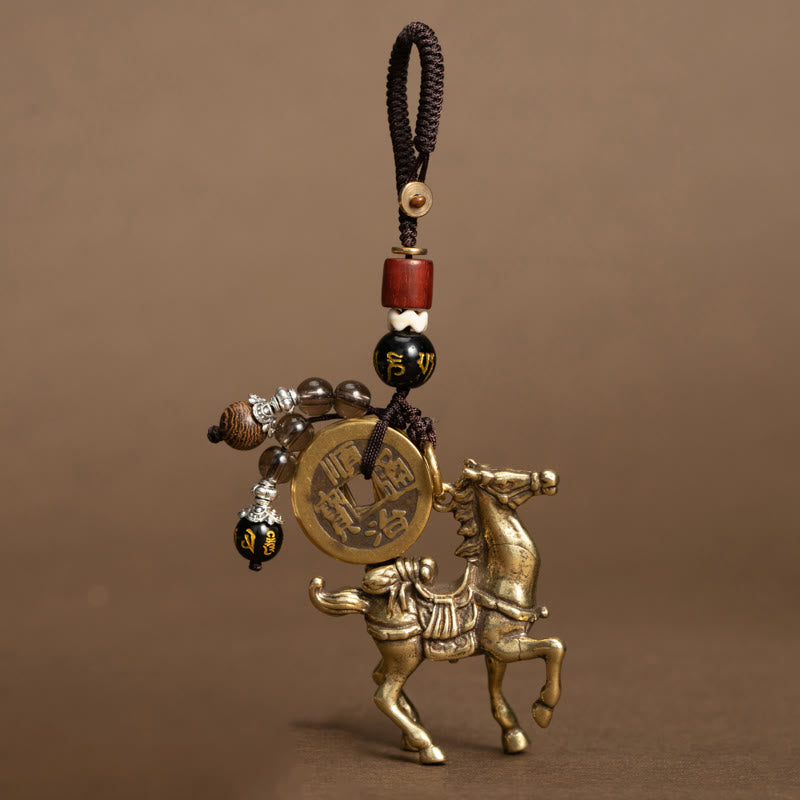 Buddha Stones Year Of The Horse Copper Brass Five-Emperor Coins Om Mani Padme Hum Protection Key Chain