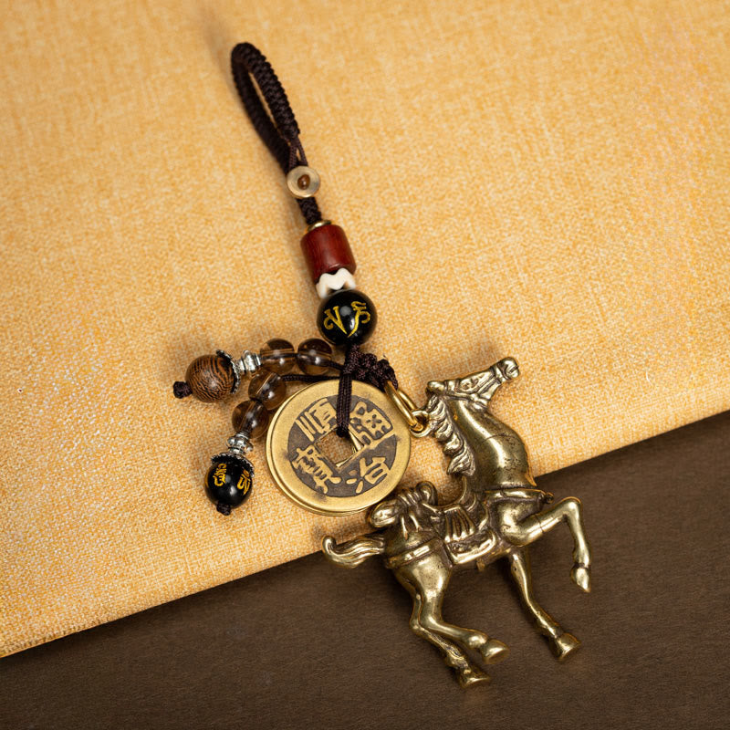 Buddha Stones Year Of The Horse Copper Brass Five-Emperor Coins Om Mani Padme Hum Protection Key Chain