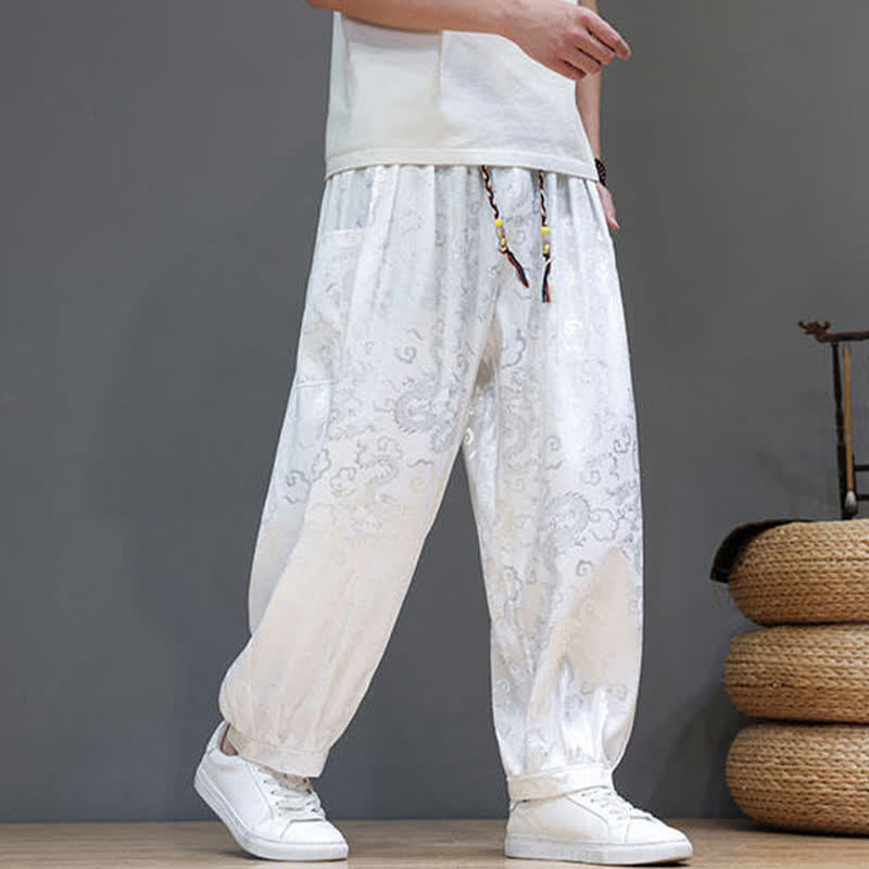 Buddha Stones Summer Drawstring Cloud Pattern Solid Elastic Waist Men's Harem Pants With Pockets