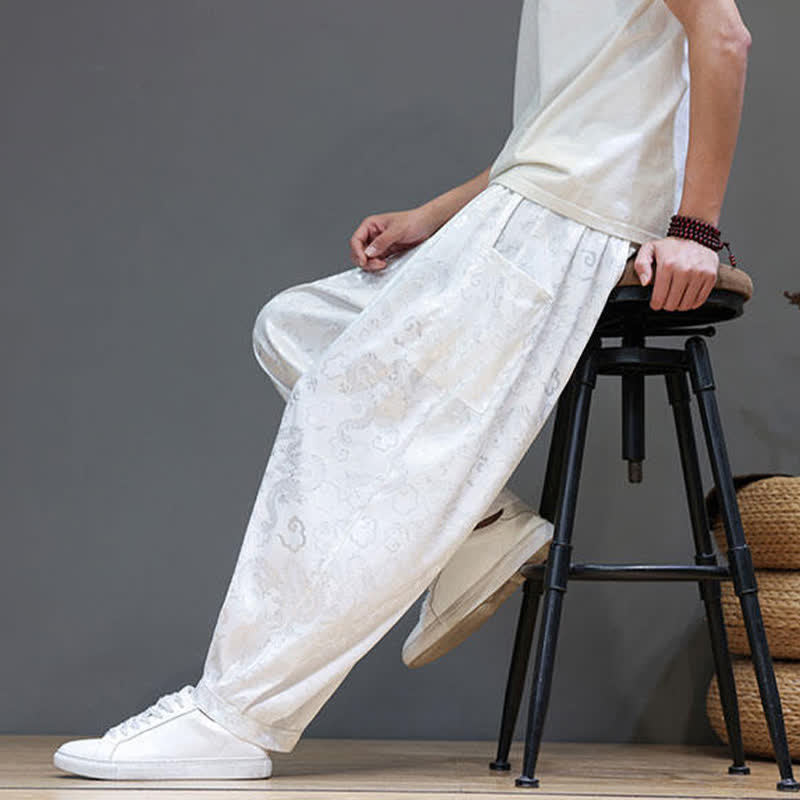 Buddha Stones Summer Drawstring Cloud Pattern Solid Elastic Waist Men's Harem Pants With Pockets