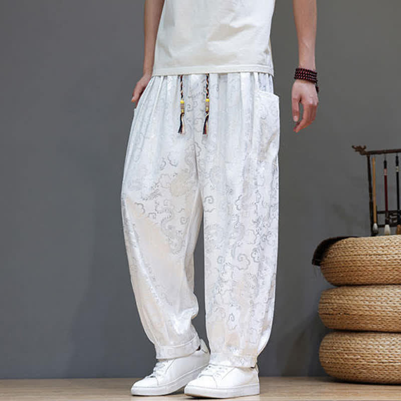 Buddha Stones Summer Drawstring Cloud Pattern Solid Elastic Waist Men's Harem Pants With Pockets