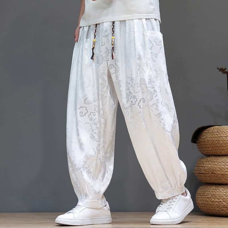 Buddha Stones Summer Drawstring Cloud Pattern Solid Elastic Waist Men's Harem Pants With Pockets