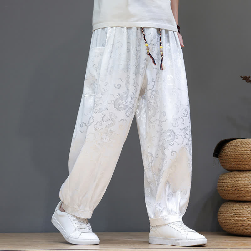 Buddha Stones Summer Drawstring Cloud Pattern Solid Elastic Waist Men's Harem Pants With Pockets