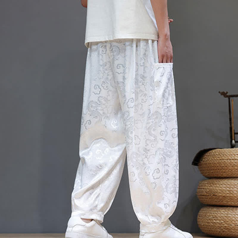 Buddha Stones Summer Drawstring Cloud Pattern Solid Elastic Waist Men's Harem Pants With Pockets