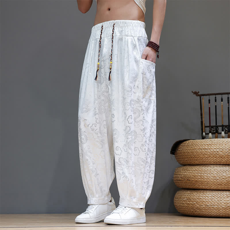 Buddha Stones Summer Drawstring Cloud Pattern Solid Elastic Waist Men's Harem Pants With Pockets