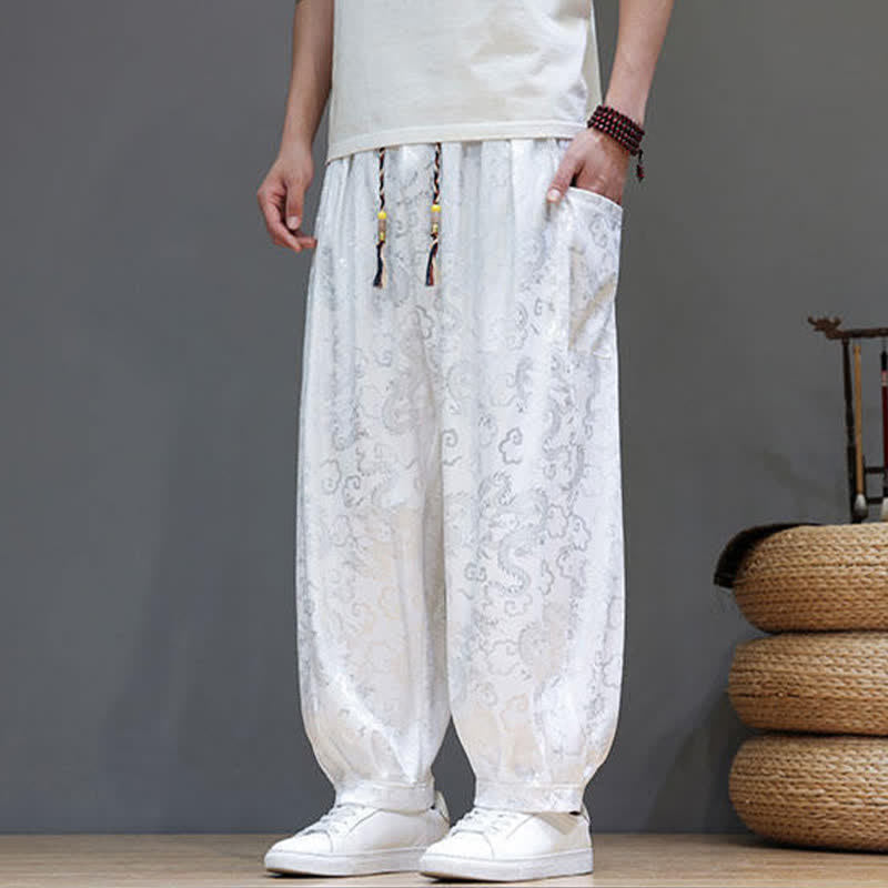 Buddha Stones Summer Drawstring Cloud Pattern Solid Elastic Waist Men's Harem Pants With Pockets