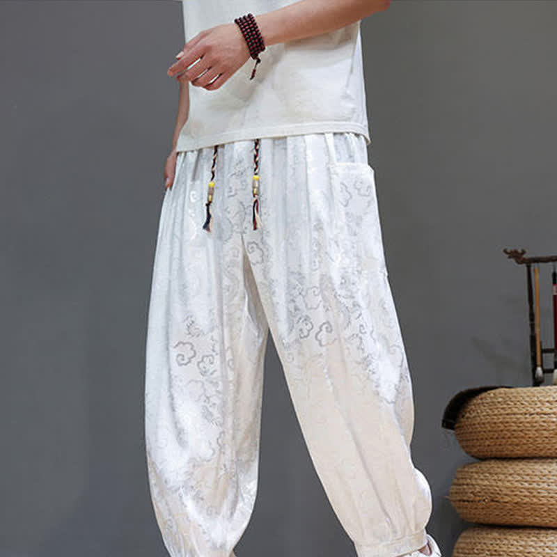 Buddha Stones Summer Drawstring Cloud Pattern Solid Elastic Waist Men's Harem Pants With Pockets