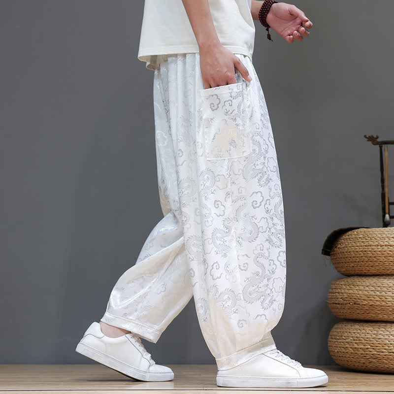 Buddha Stones Summer Drawstring Cloud Pattern Solid Elastic Waist Men's Harem Pants With Pockets