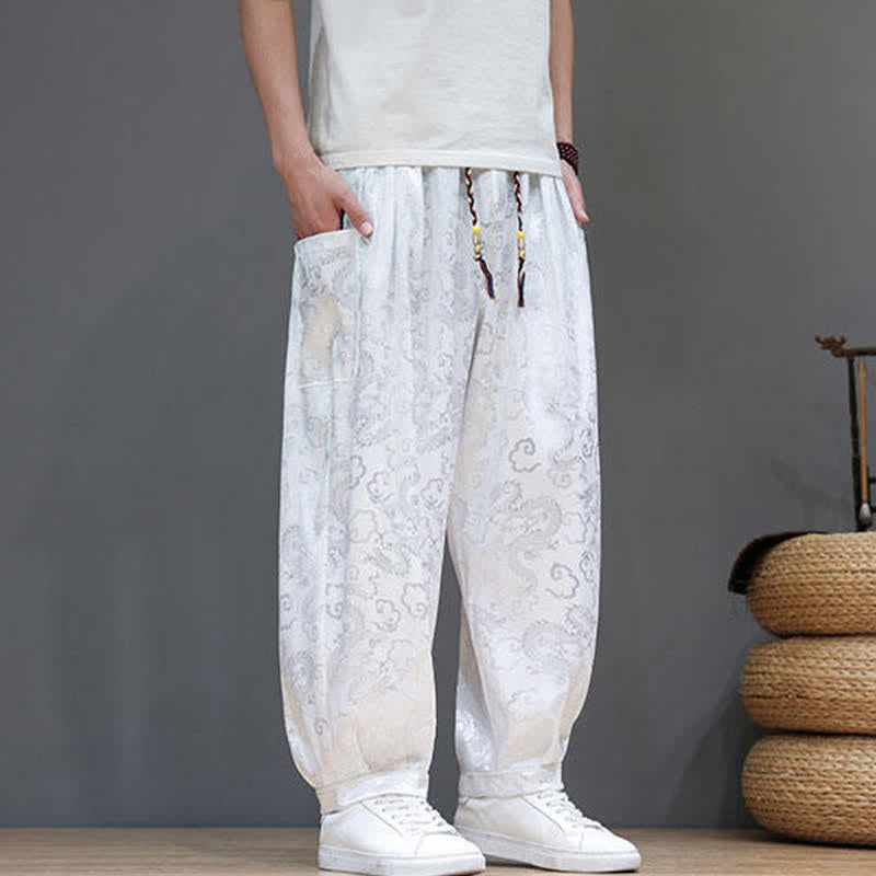 Buddha Stones Summer Drawstring Cloud Pattern Solid Elastic Waist Men's Harem Pants With Pockets
