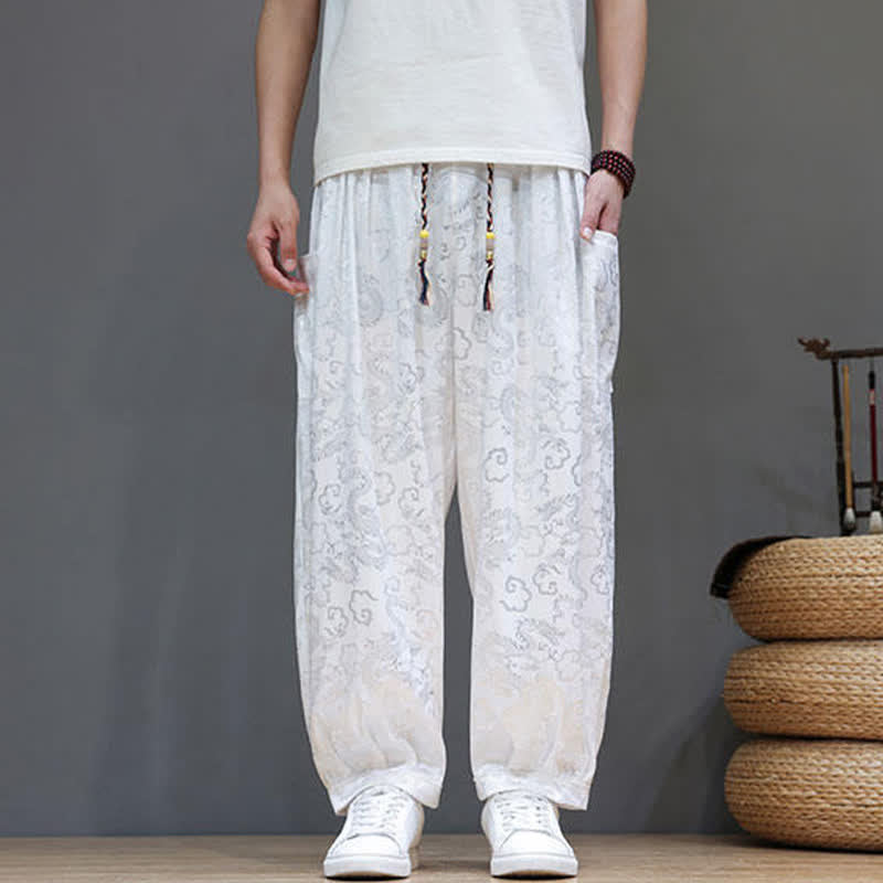 Buddha Stones Summer Drawstring Cloud Pattern Solid Elastic Waist Men's Harem Pants With Pockets