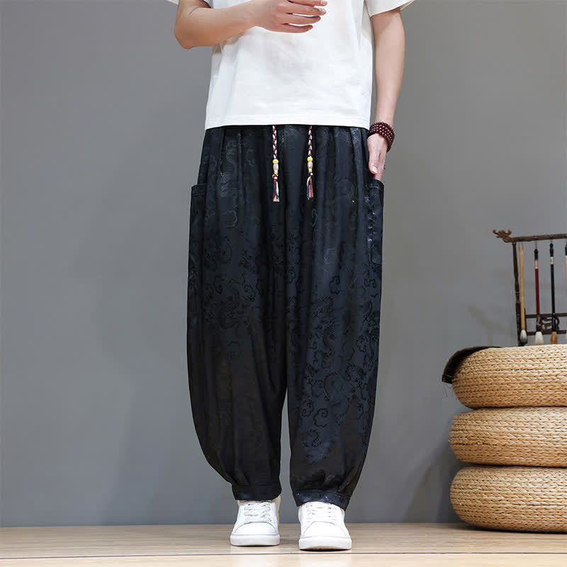 Buddha Stones Summer Drawstring Cloud Pattern Solid Elastic Waist Men's Harem Pants With Pockets