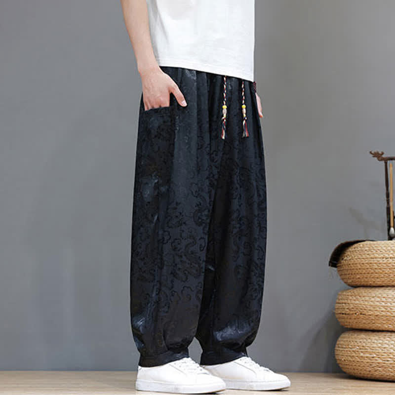 Buddha Stones Summer Drawstring Cloud Pattern Solid Elastic Waist Men's Harem Pants With Pockets