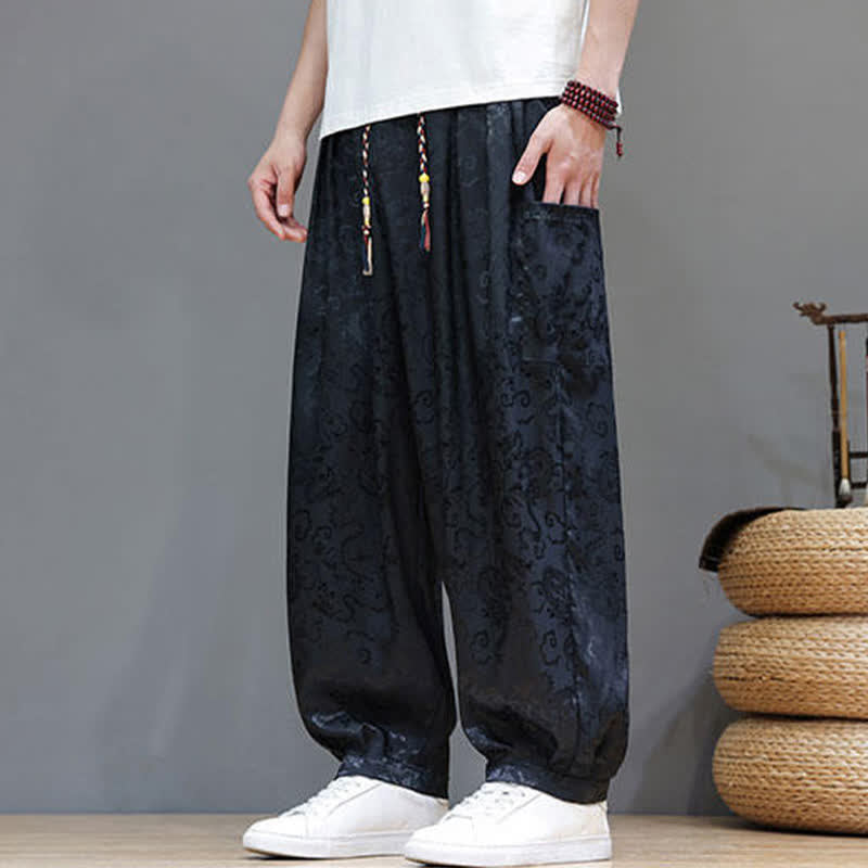 Buddha Stones Summer Drawstring Cloud Pattern Solid Elastic Waist Men's Harem Pants With Pockets