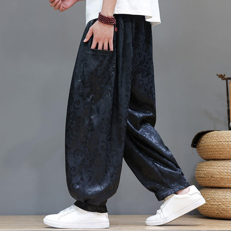 Buddha Stones Summer Drawstring Cloud Pattern Solid Elastic Waist Men's Harem Pants With Pockets