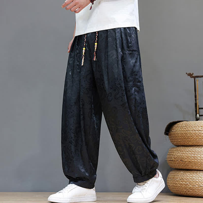 Buddha Stones Summer Drawstring Cloud Pattern Solid Elastic Waist Men's Harem Pants With Pockets