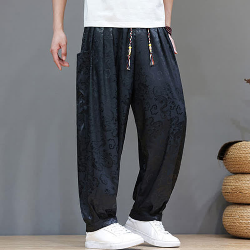 Buddha Stones Summer Drawstring Cloud Pattern Solid Elastic Waist Men's Harem Pants With Pockets