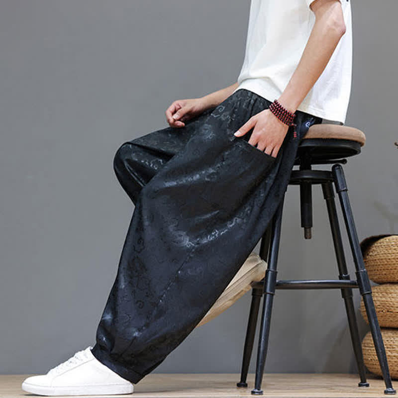 Buddha Stones Summer Drawstring Cloud Pattern Solid Elastic Waist Men's Harem Pants With Pockets