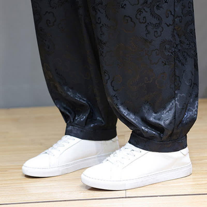 Buddha Stones Summer Drawstring Cloud Pattern Solid Elastic Waist Men's Harem Pants With Pockets