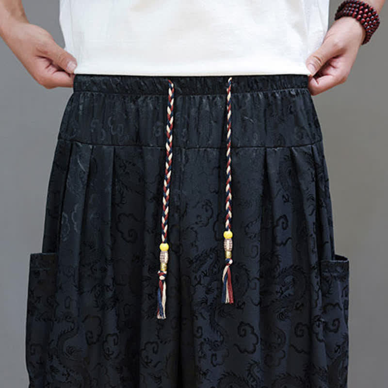 Buddha Stones Summer Drawstring Cloud Pattern Solid Elastic Waist Men's Harem Pants With Pockets